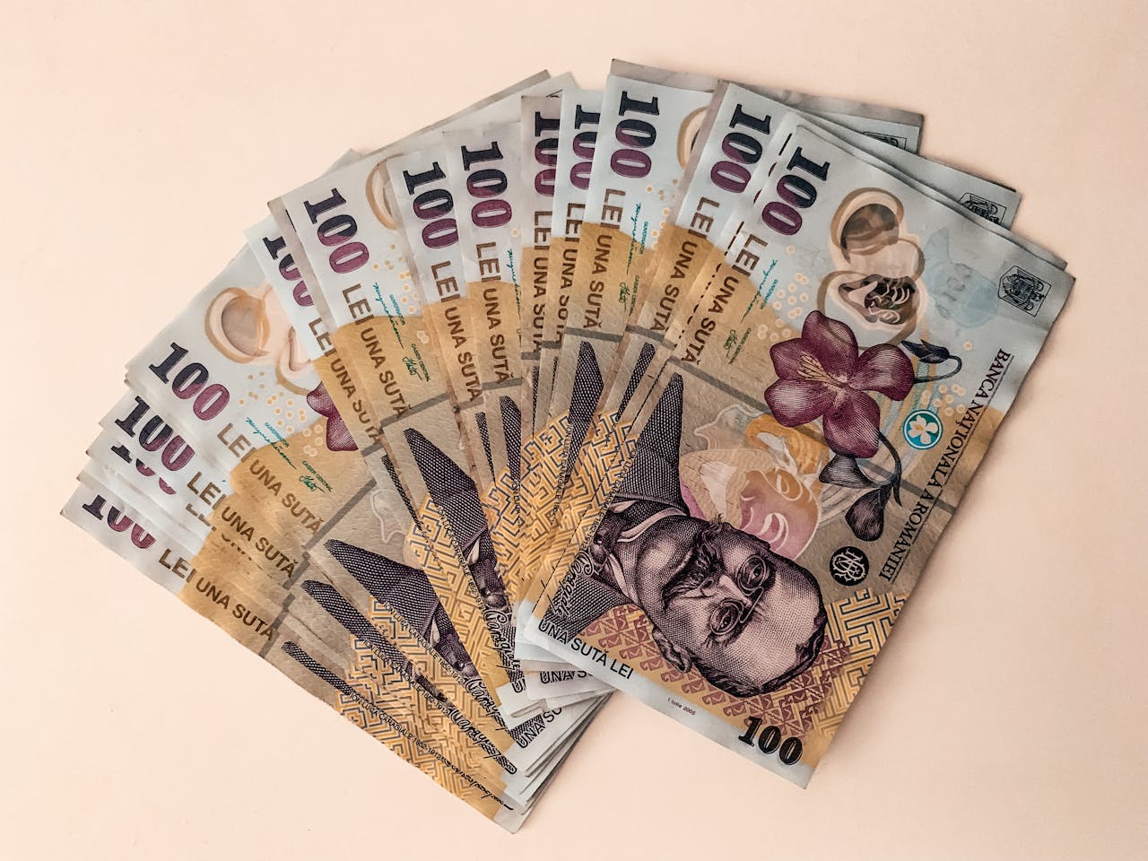 gallery-05 A spread of 100 Romanian Lei banknotes on a beige background in a flat lay style.
